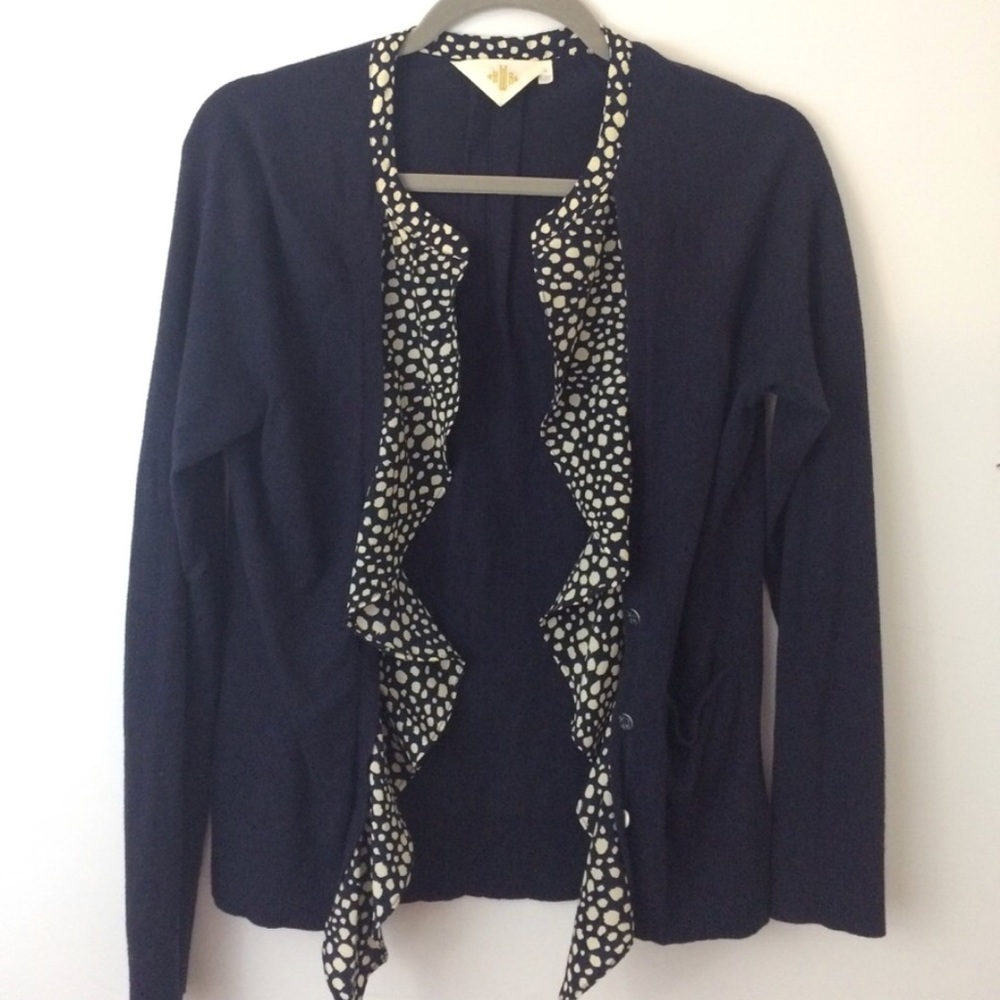 Anthro HWR Monogram Cardigan Navy Dot Cardigan Sm